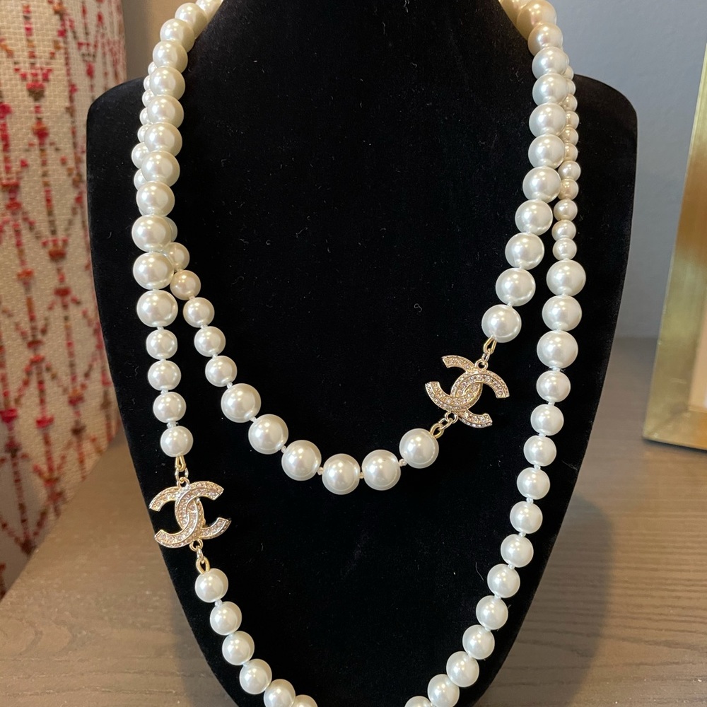 Chanel Long Pearl Necklace Silver Hardware
